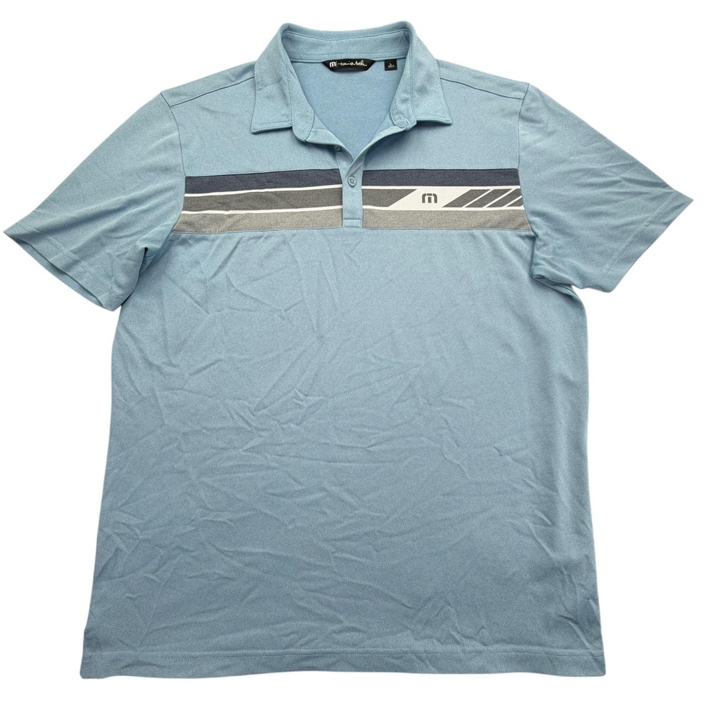 TravisMathew Polo Shirt Mens L Blue Striped Polyester Spandex Golf Performance